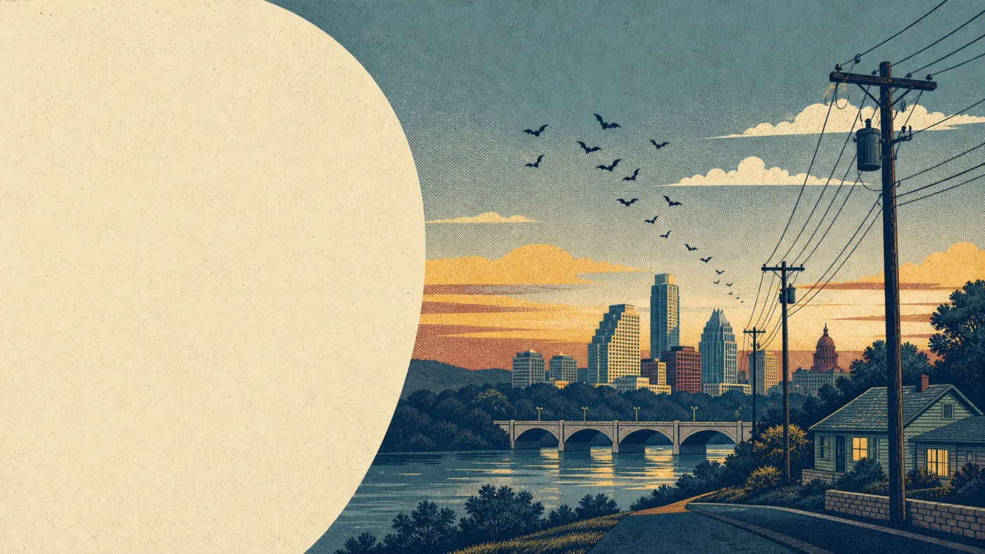 Dusk over the Bat City skyline: bats over the bridge, power poles in the foreground